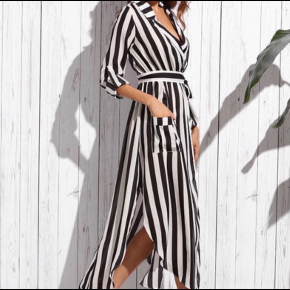 Vertical Striped Self-tie Dress
